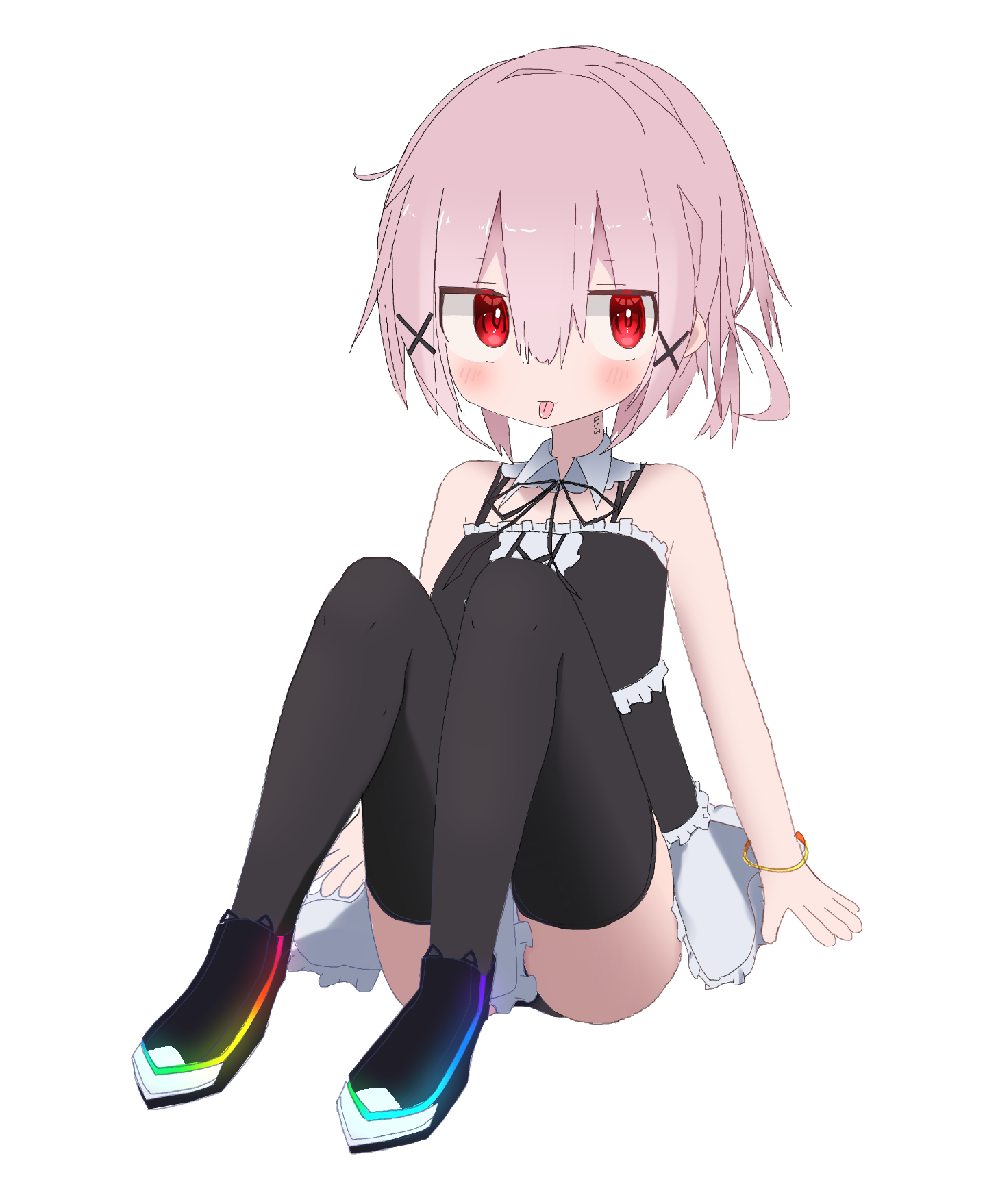 Anime-style character with short pink hair, red eyes, and black hairpins, sitting on the ground with knees up and hands resting behind, wearing a black and white frilled dress, black thigh-high socks, and futuristic shoes with glowing rainbow soles, set against a plain white background, expressing a playful and cheerful mood with a small tongue sticking out